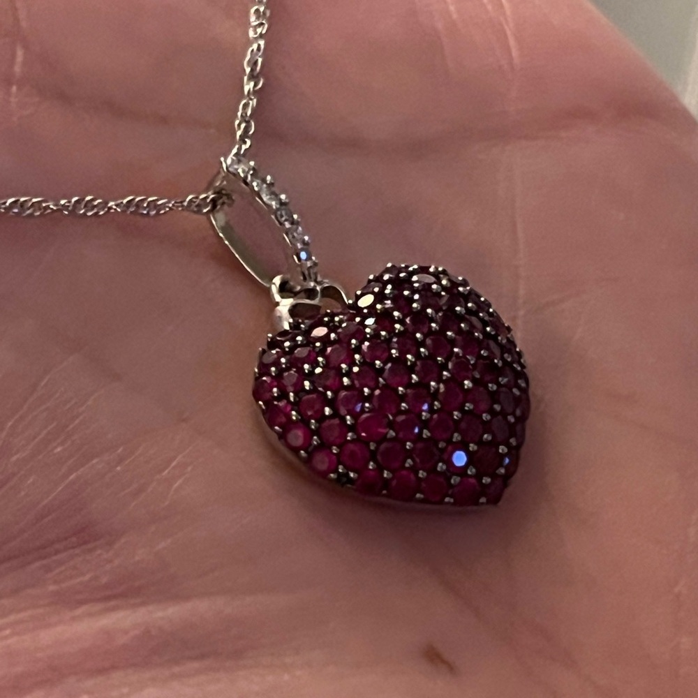 Solid 10K White Gold + Genuine Rubies & Diamonds 3D Heart pendant - Picture 7 of 10